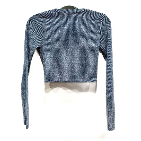 Peach Puff Top Blue Cropped Long Sleeve Ribbed Basic Stretch Tie Women sz Small - Picture 6 of 7